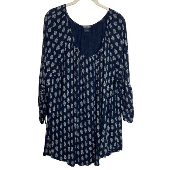 Lucky Brand Womens Peasant Tunic Top XL Blue White Boho Print Viscose 3/4 Sleeve - Picture 1 of 7